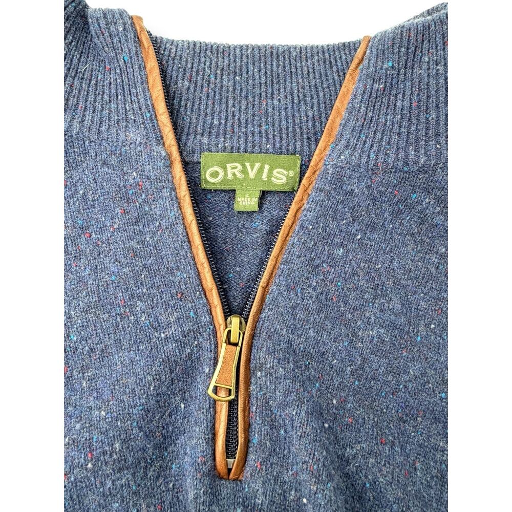 Orvis Men's Sweater Size Large Blue Merino Donegal 1/4 Zip Blue Quarter Zip
